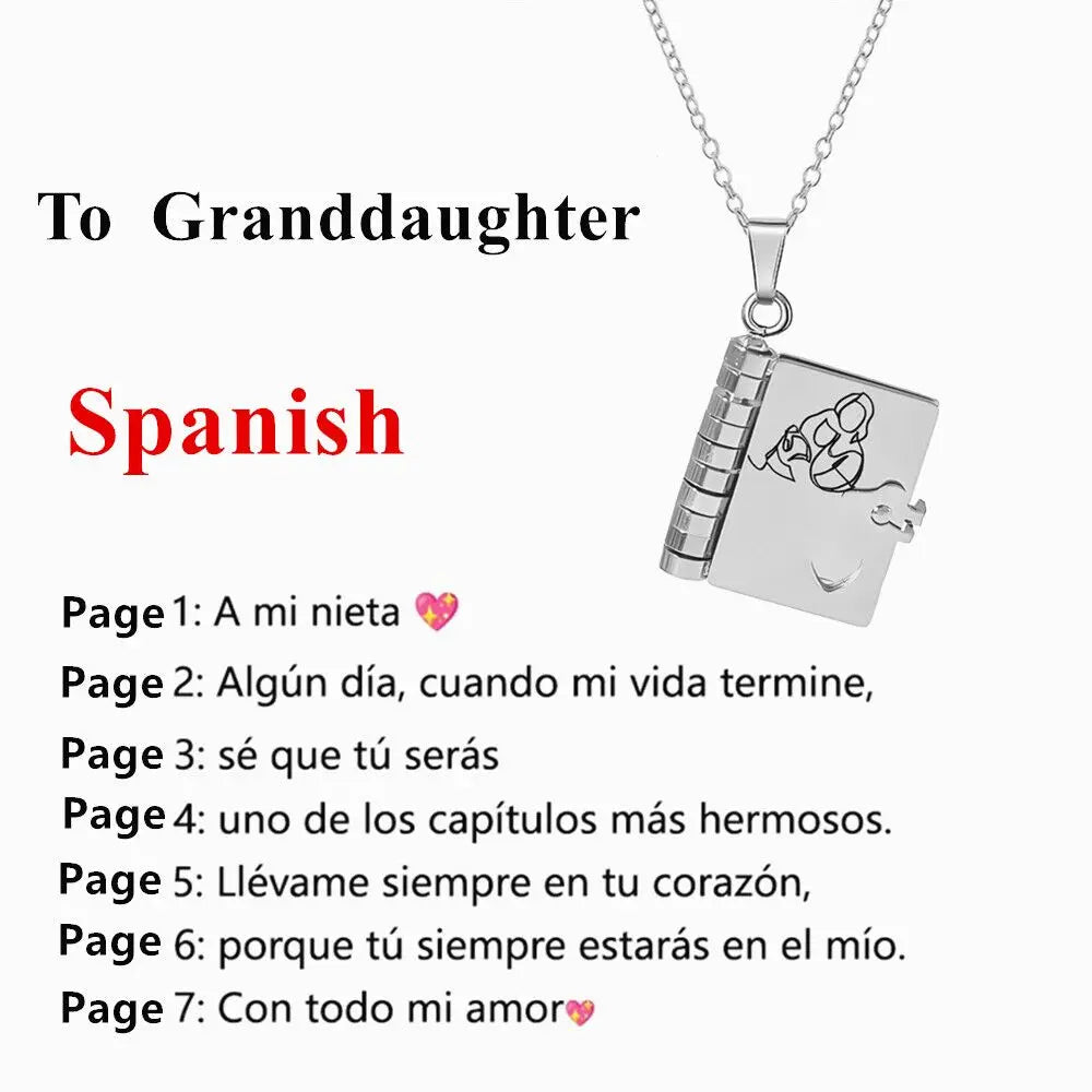 Spanish Granddaughter Book Necklace Engraved Information Heart Locket Pendant Gifts From Grandma Jewelry