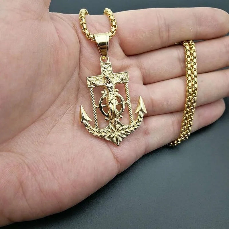 Jesus Christ Religion Necklace New Men's Fashion Titanium Steel Gold-Plated Anchor Cross Pendant Necklace Hip Hop Jewelry