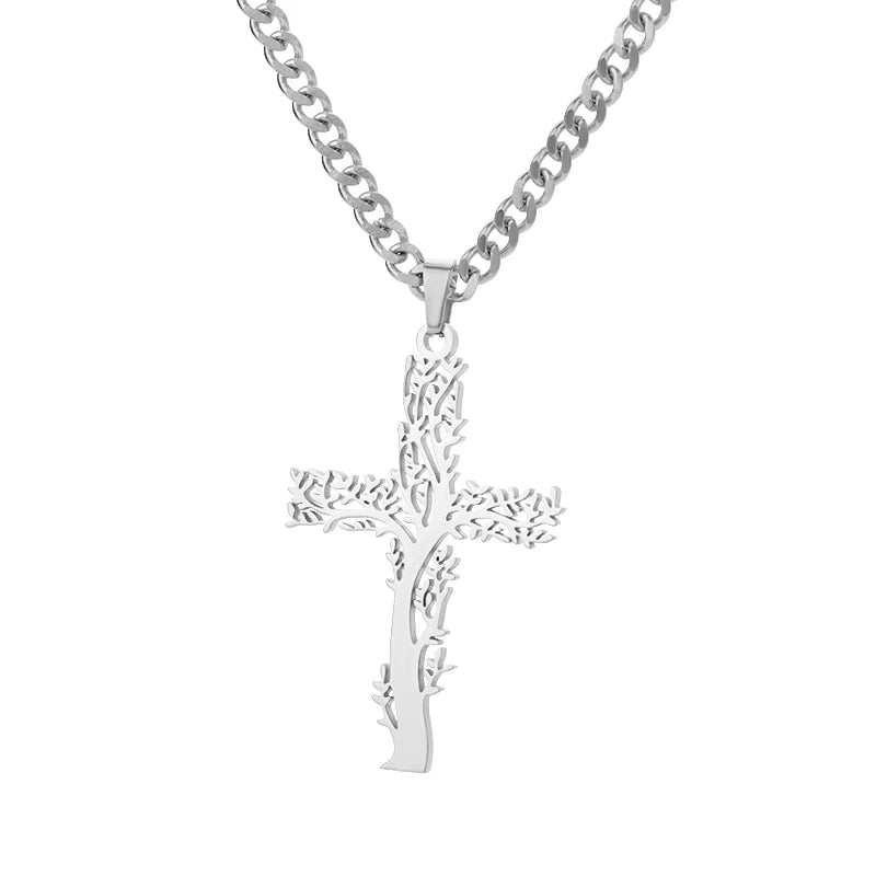 Stainless Steel Tree of Life Cross Necklaces for Women Gold Color Chain Necklace Aesthetic Collar Jewelry Accessories Gift