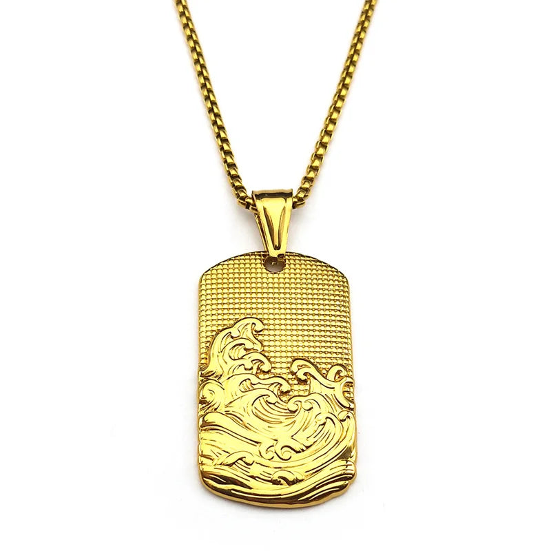 Geometric Two-Tone Pendant Sea Wave Dog Tag
