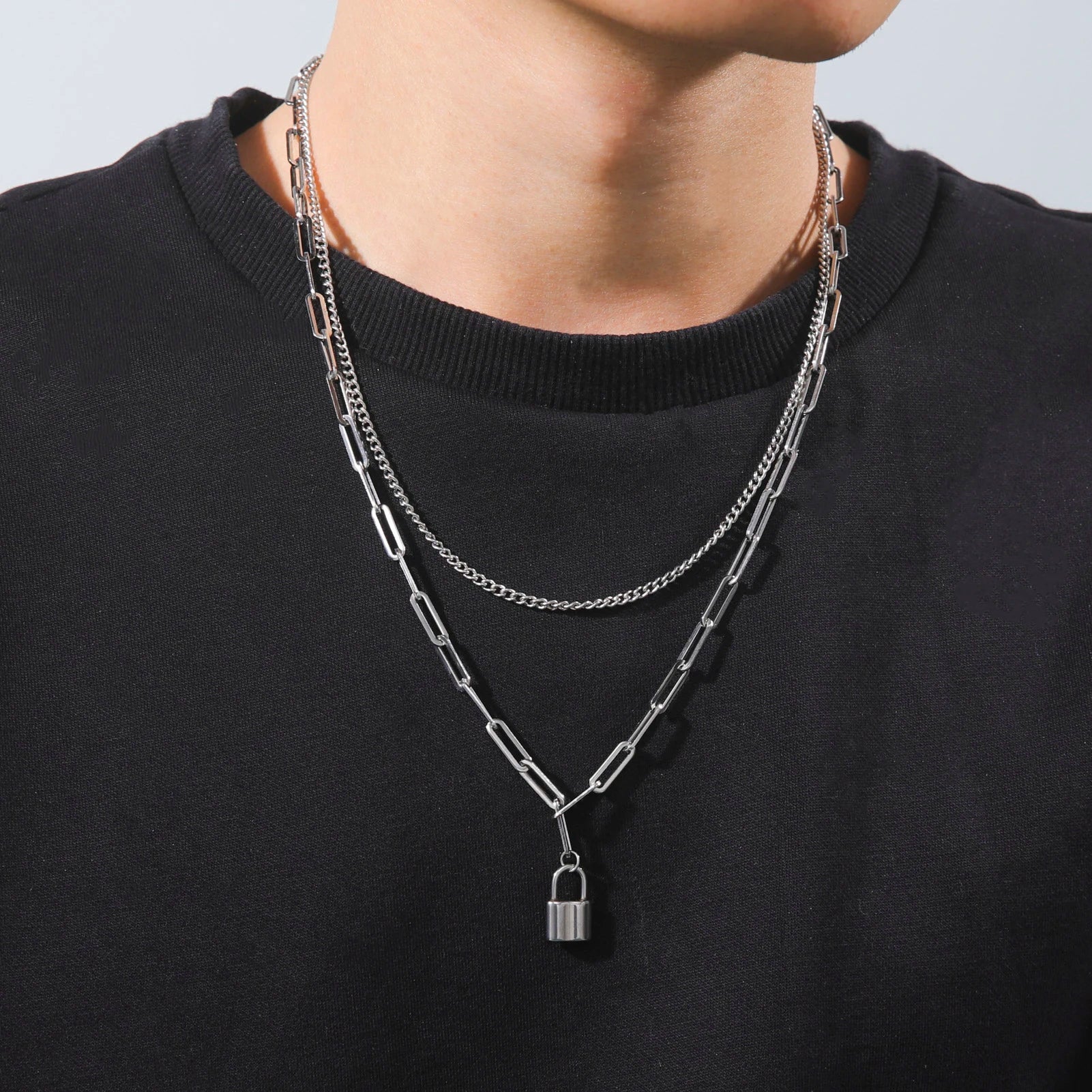 My Shape Fashion 2 Layers Lock Pendant Necklace for Men Punk Stainless Steel Clip Link Chain Necklaces Choker Male Party Jewelry