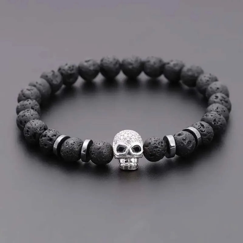 Black Eye Skull Hematite Bead Bracelet Men Classic Handmade 8mm Lava Stone Charm Bracelet For Men Jewelry Gift
