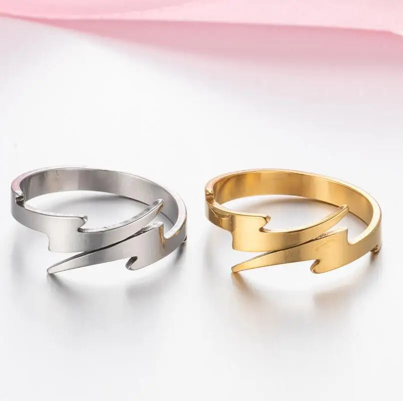 Minimalist Lightning Bolt Open Ring — Adjustable Geometric Glossy