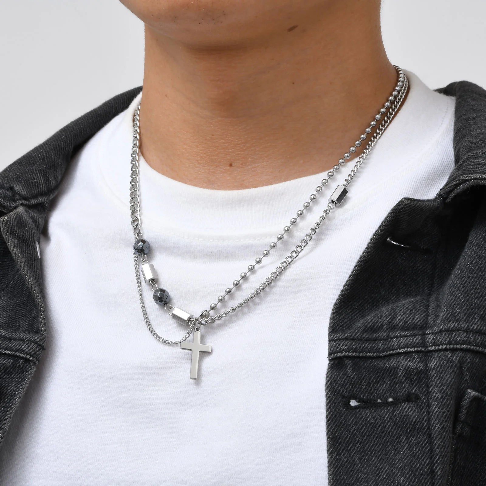 Cross Beads Chain Pendant Necklace — Stainless Steel