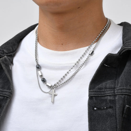 Cross Beads Chain Pendant Necklace — Stainless Steel