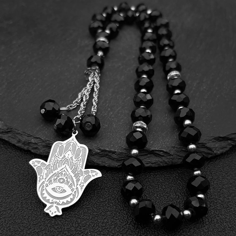 Hamsa Hand Evil Eye Lotus Pendant Necklace — Gold-Tone Steel