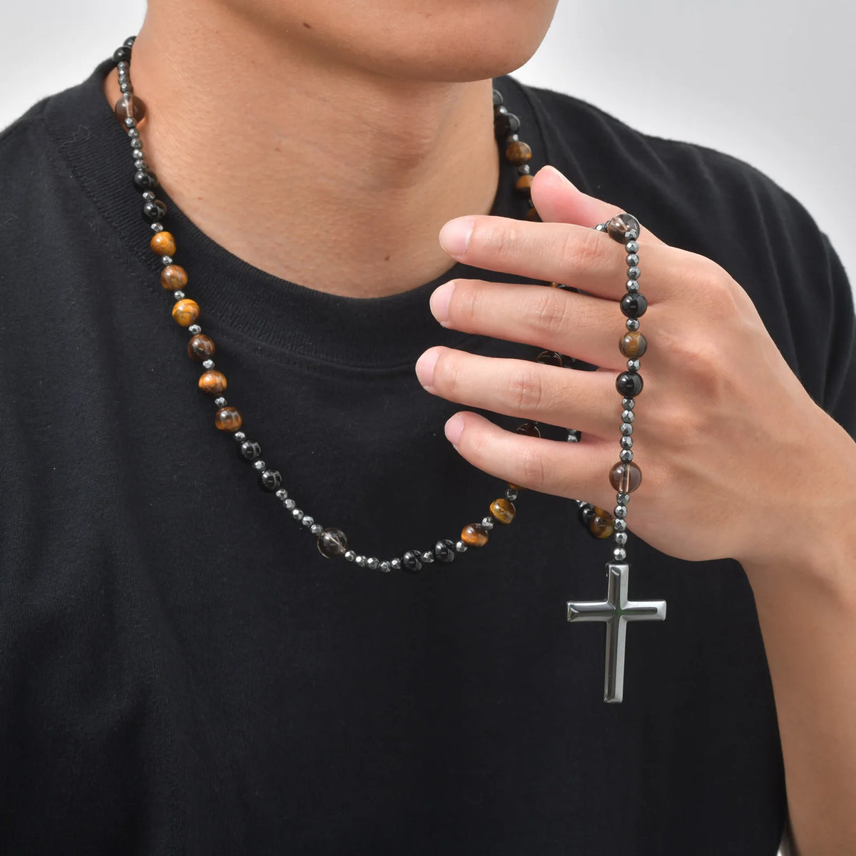 Natural Beaded Rosary Y Necklace for Men,Hematite Cross Pendant with Black Lava Tiger Eye Stone,Religious Prayer Jewelry