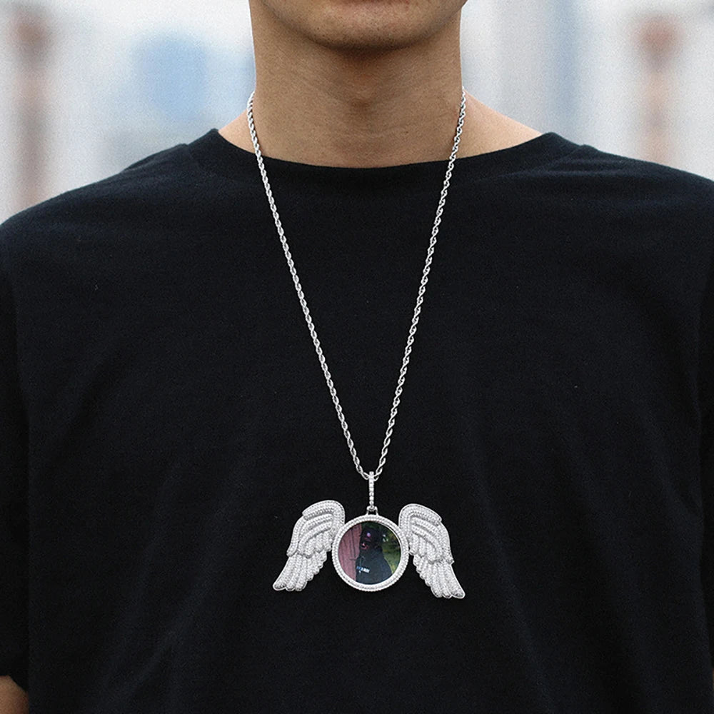 Angel Wings Photo Pendant Necklace Iced Out