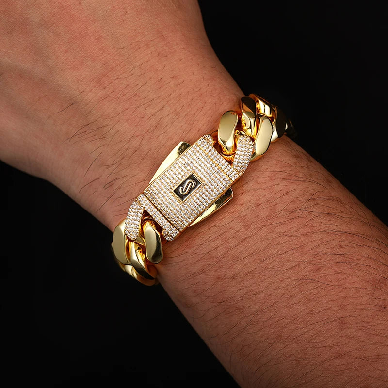 Iced Out Miami Cuban Link Bracelet for Men — Gold-Tone CZ, 20mm