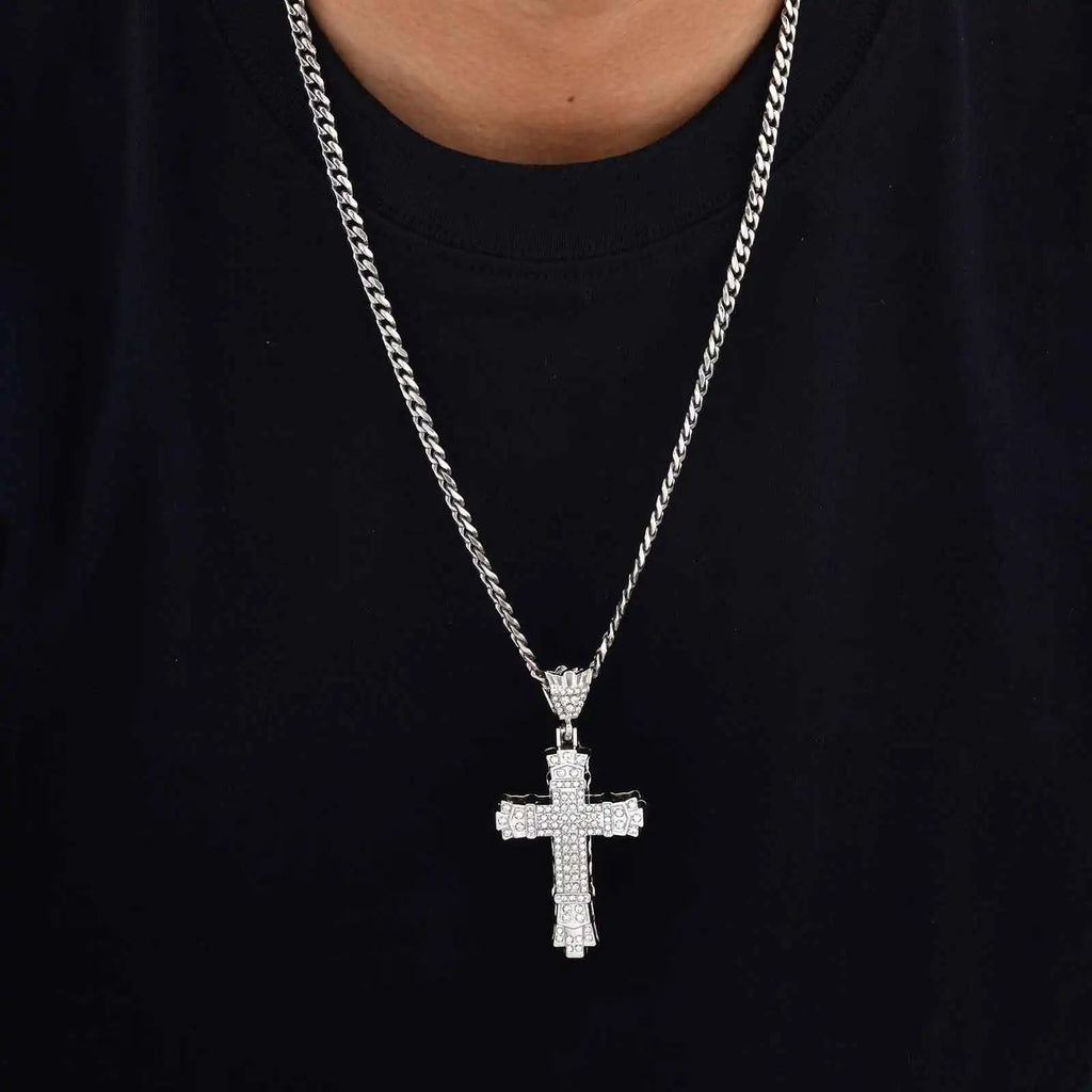 Iced Out Cross Cuban Pendant — Stainless