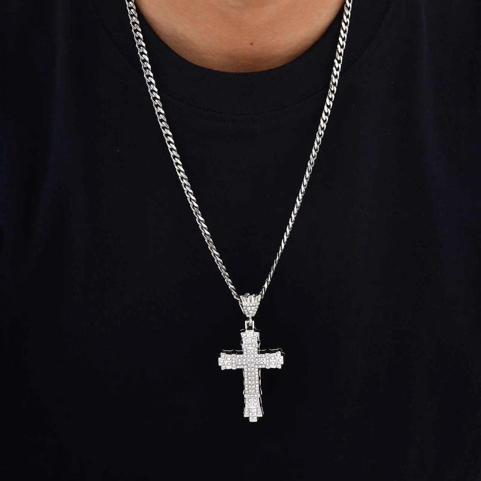 Iced Out Cross Cuban Pendant — Stainless