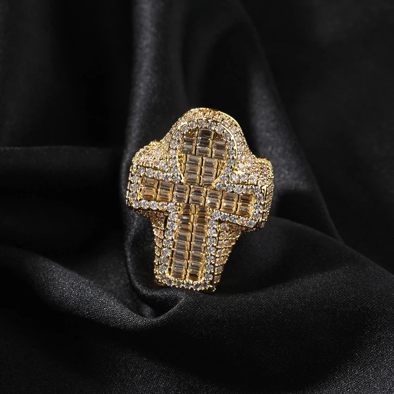 Iced Out Cross Ring for Men and Women — Two-Tone CZ Pave