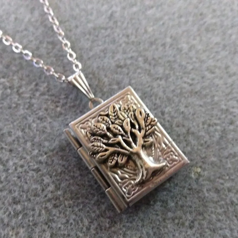 Tree of Life Photo Locket Necklace — Book Shape, Stainless Steel
