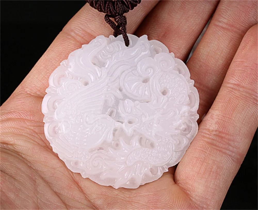 Natural White Afghan Stone Jade Carved Chinese Dragon Phoenix Lucky Pendant Amulet Necklace Charm Gift Jewelry