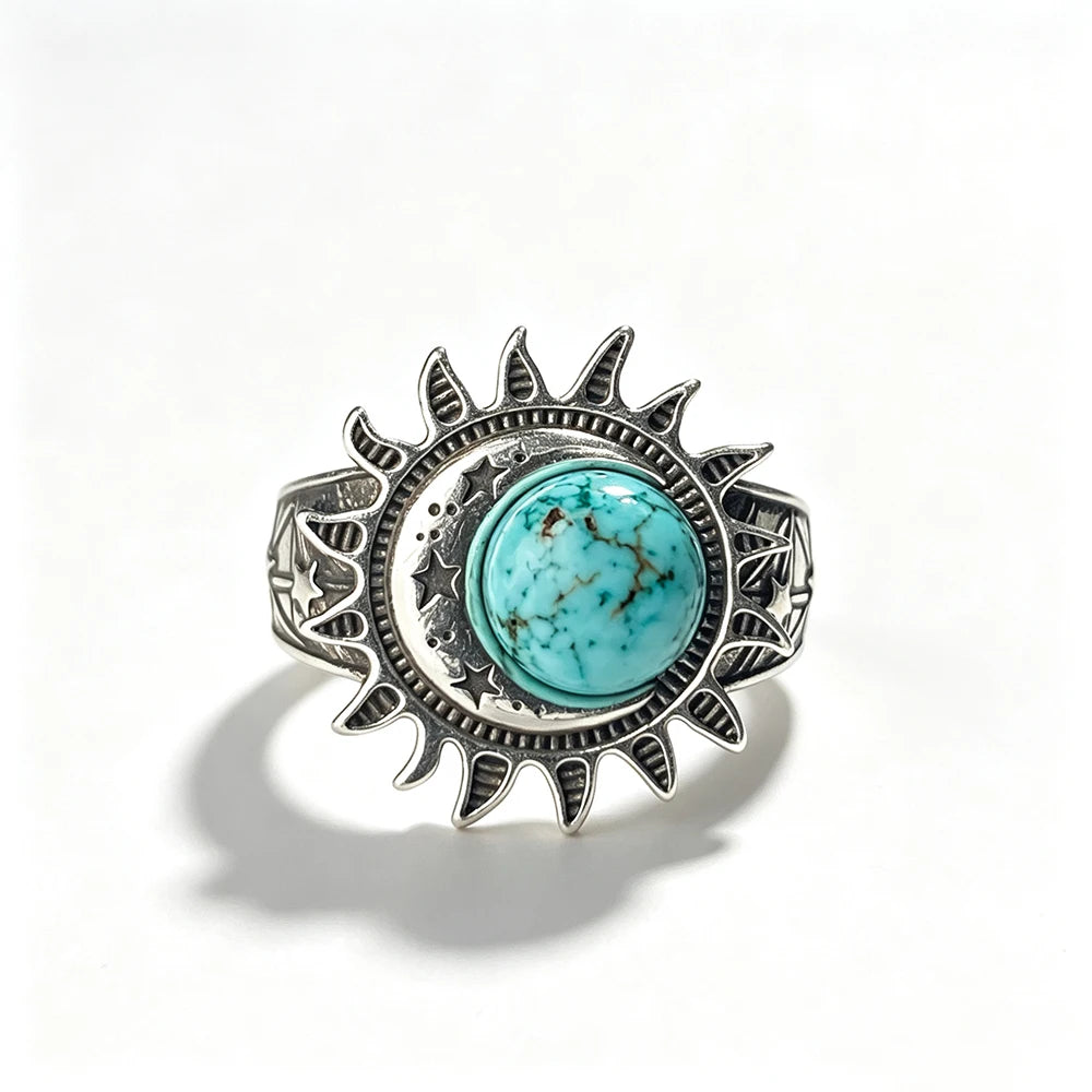 Sun Star Moon Cabochon Ring — Silver-Tone Bohemian
