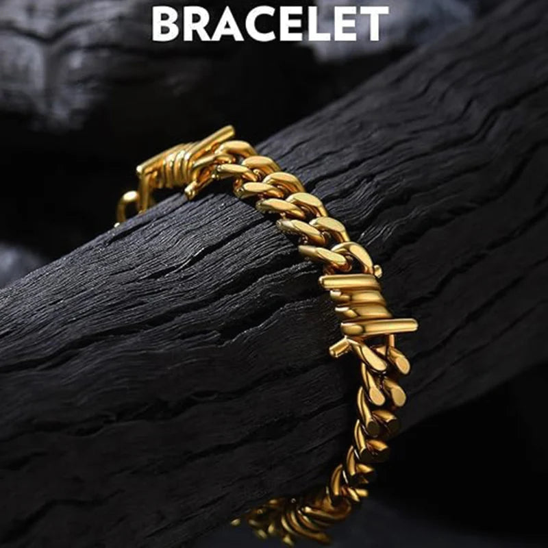 Barbed Wire Cuban Link Bracelet 18K Gold Plated Stainless Steel Gothic Punk Thorns Hand Chain Bracelet for Men Women