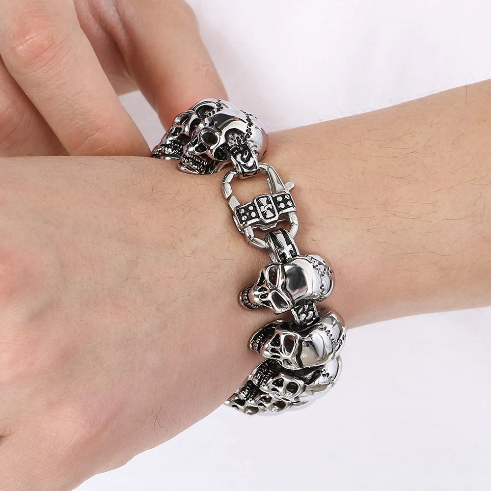 Gothic Stainless Steel Motorcycle Chain Bracelet for Man Casting Men's Bracelets of Skull Heads Skeleton Jewelry