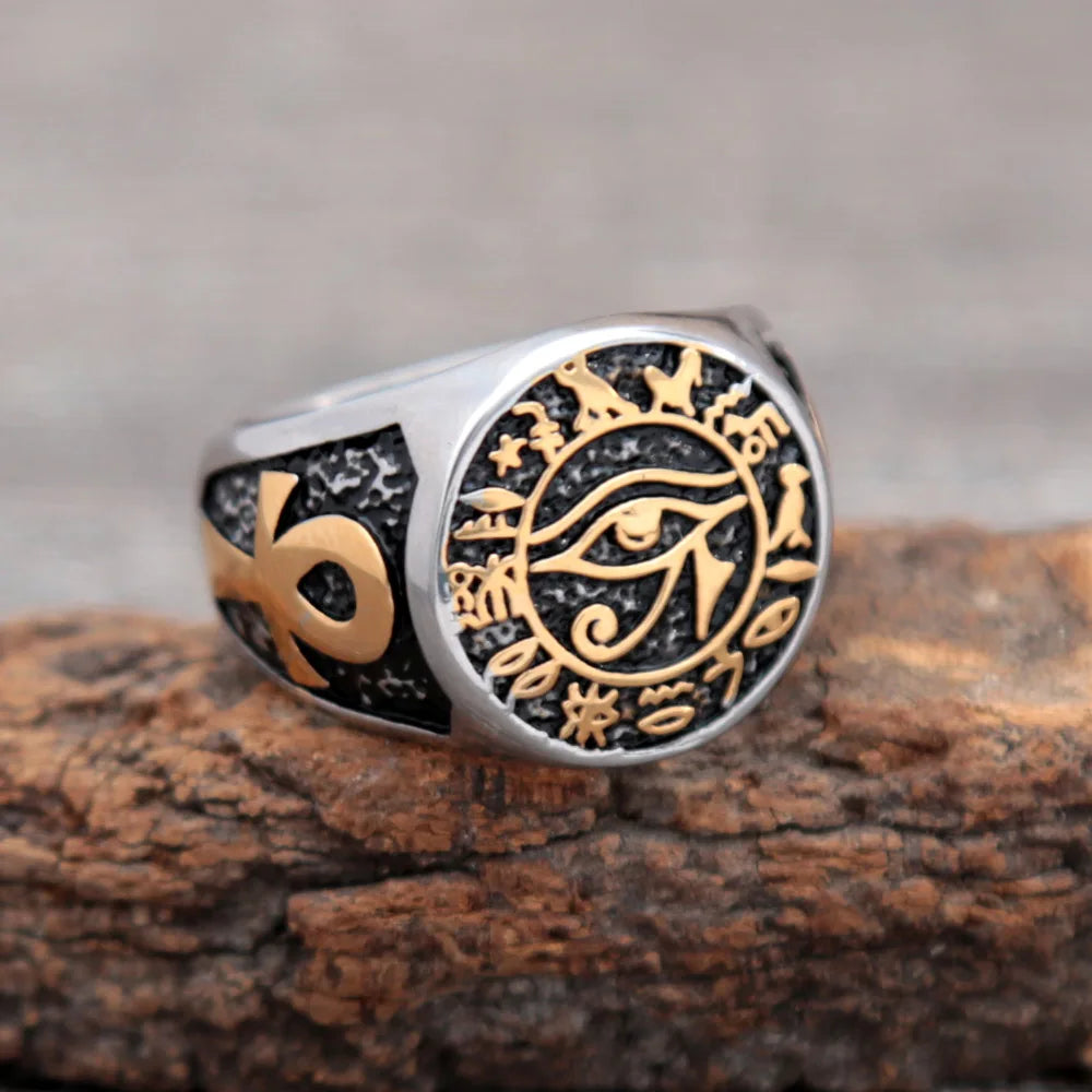 Vintage Egyptian Eye of Horus Ring Mysterious Ancient Egypt Text Symbol Ankh Rings for Men Stainless Steel Punk Jewelry