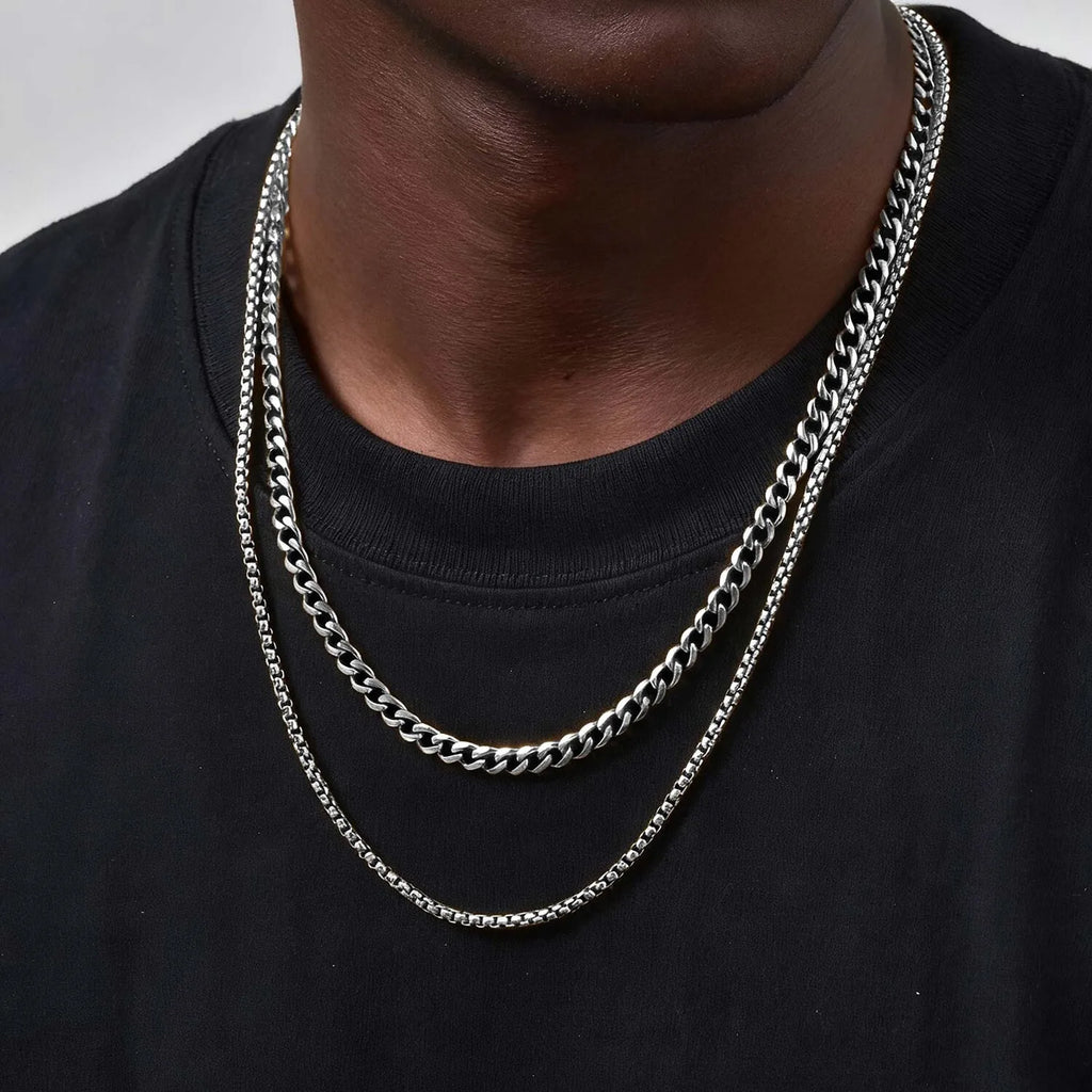Two-Tone Cuban Box Rope Chain Necklace Set