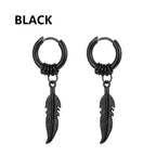 Feather Dangle Huggie Hoop Earrings for Men — Stainless Steel