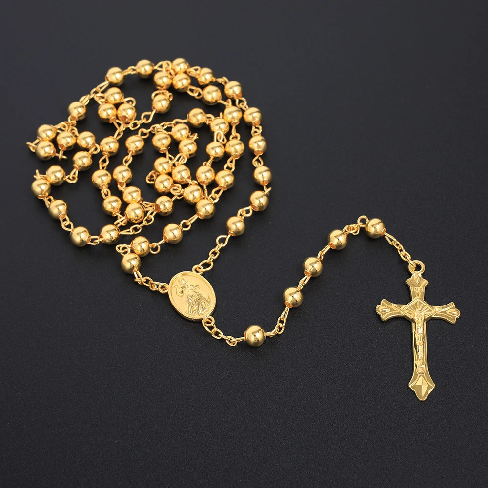 6MM Rosary Necklaces For Women Men Long Gold Silver Color Chain Crucifix Cross Pendant Necklace Religious Prayer