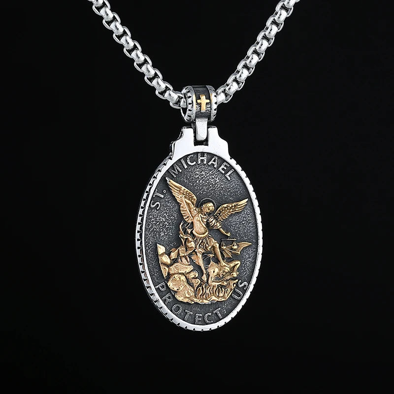 Men's 316L Stainless Steel Patron Saint Of Time Travelers Archangel Michael Gold Pendant Necklace jewelry