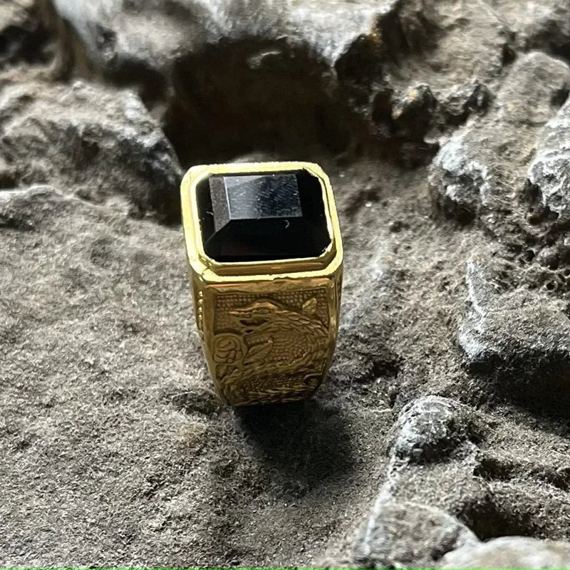 Viking Black Stone Vintage 316L Stainless Steel Ring Snake Pattern Gold Color Unisex Punk Gift For Men Classic Jewelry
