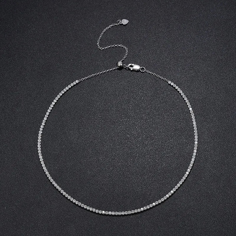 FEOBUR 2mm Moissanite Tennis Necklaces for Women S925 Silver Plated 18K Gold Adjustable Choker Full Diamond Neck Chain