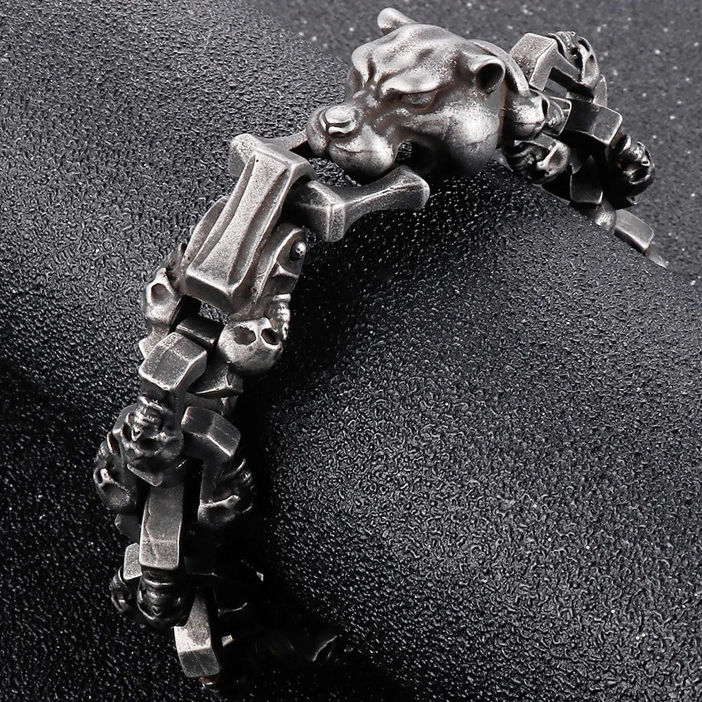 Men's Punk Panther Head Bracelet Gothic 316l Stainless Steel Biker Chain Halloween Skull Wristband Bracelets Jewelry