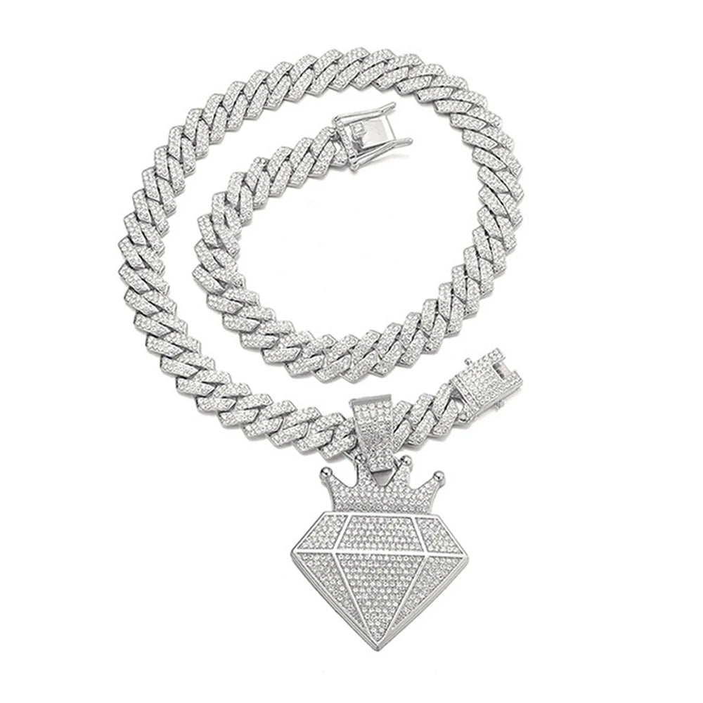 Hip Hop Iced Out Crown Pendant Necklace With 13mm Rhinestone Cuban Chain Bling Necklaces Men Women Fashion Charm