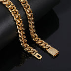 12mm Miami Mens Cuban Link Chain Necklace 316L Stainless Steel Gold Plated Necklace for Women with Full Iced Clasp