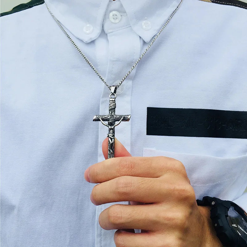 Vnox Cross Necklace for Men Women,Catholicism Jesus Pendant,Gold Color Stainless Steel Unisex Collar,Church Prayer