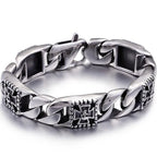 Punk Skull Bracelet Men's Black Stainless Steel Vintage Cuban Link Chain Bracelet with Skulls Spring Clasp Gothic Biker