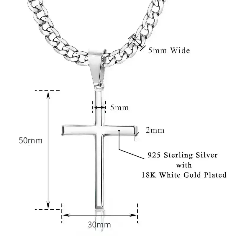 925 Sterling Silver Cross Necklace for Men Women 5mm Stainless Steel Durable Cuban Crucifix Pendant Necklace Jewelry