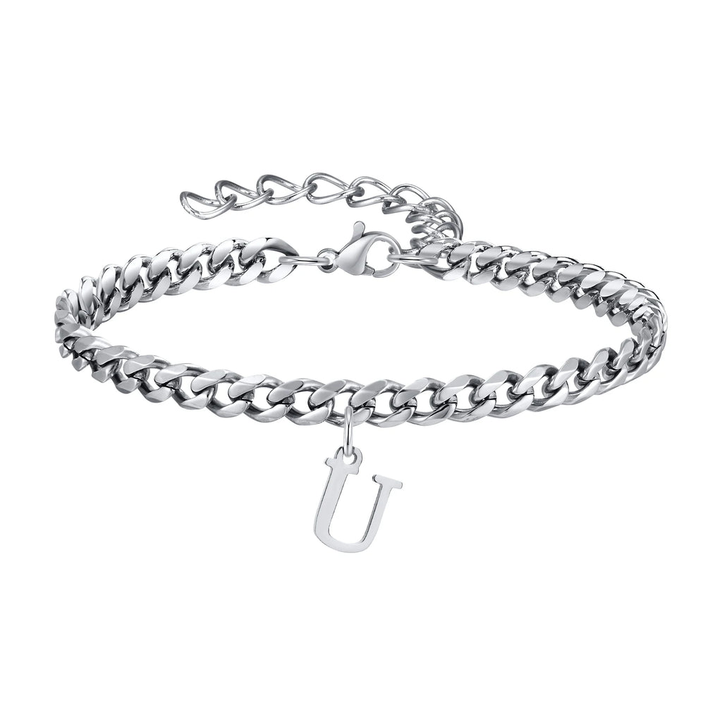 Vnox A-Z Initial Bracelets for Men Women, Never Fade Silver Color Stainless Steel Cuban Chain Bracelet with 26 Letter