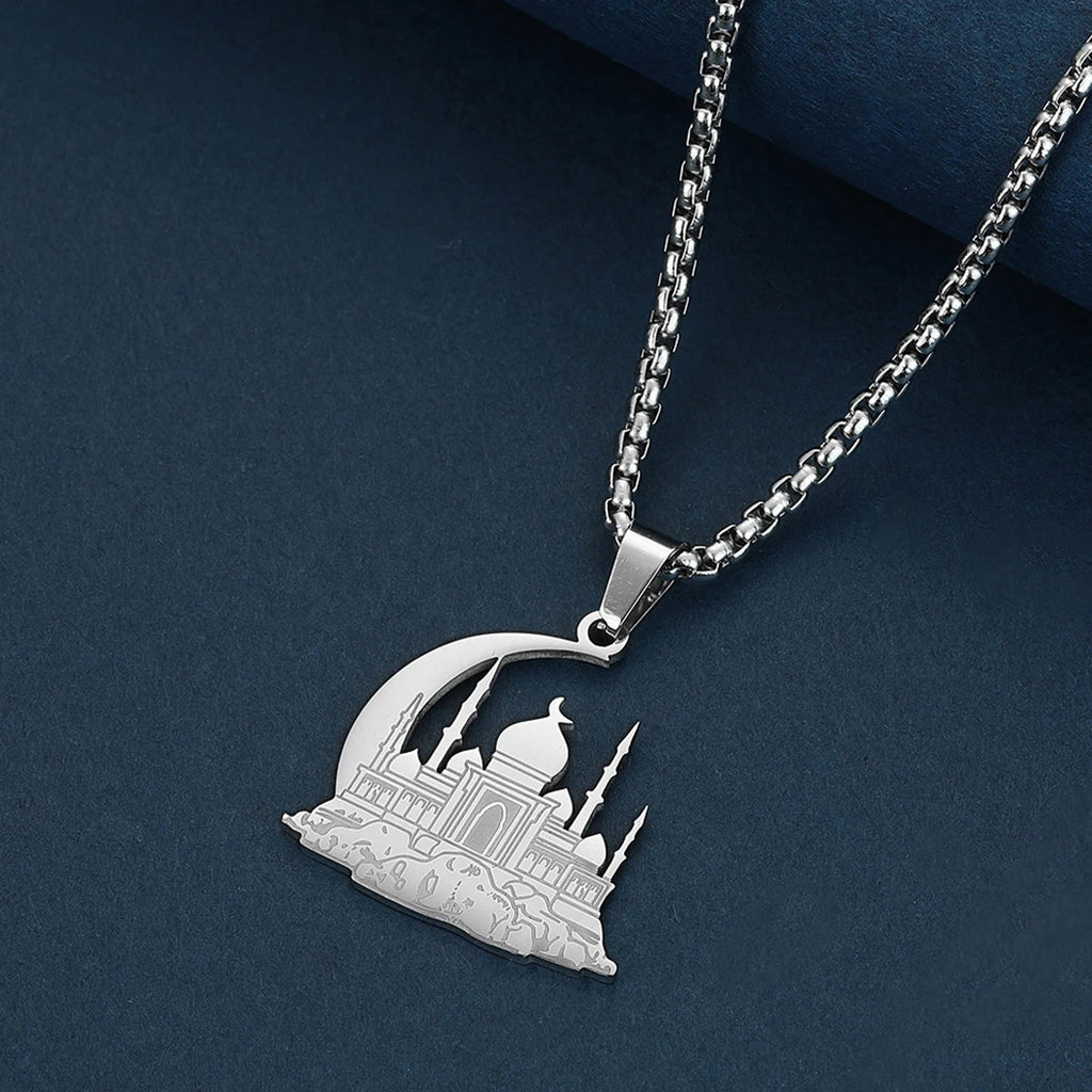 Islamic Mosque Crescent Moon Pendant Necklace — Stainless Steel