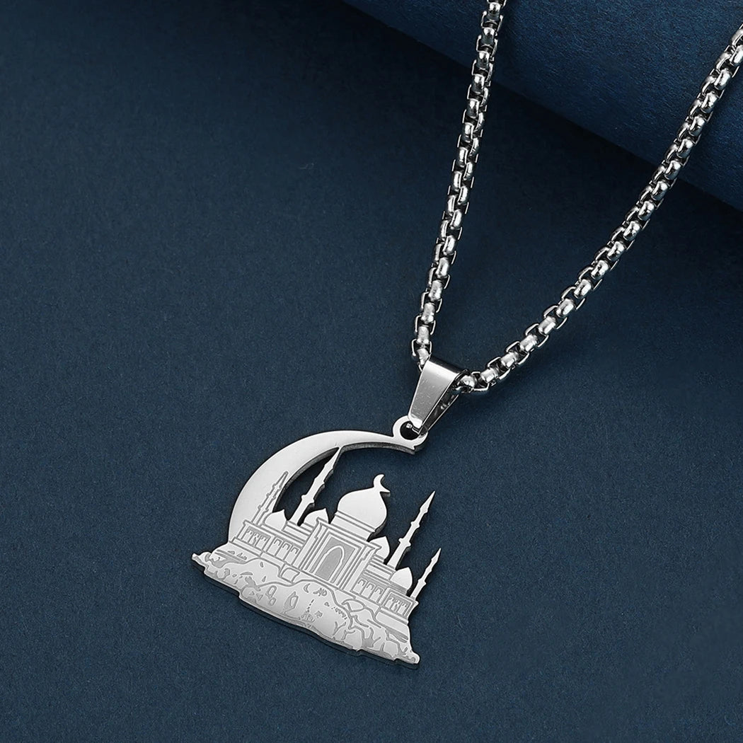 Islamic Mosque Crescent Moon Pendant Necklace — Stainless Steel