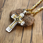 Rock Cross Necklace for Men,Gold Color Stainless Steel Stylish Byzantine Chain,Catholic Crucifix Pendant Collar Jewelry