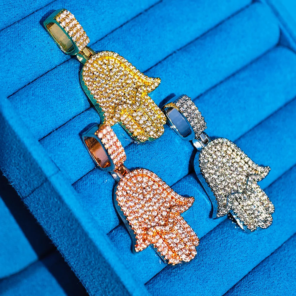 Iced Out Hamsa Pendant Necklace Stainless Steel