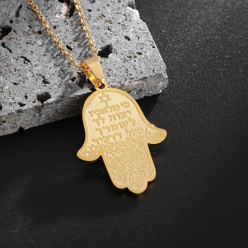 Hamsa Hands of Fatima Hebrew Pendant Stainless Steel Jerusalem Star of David Necklace Women's Jewish Jewelry