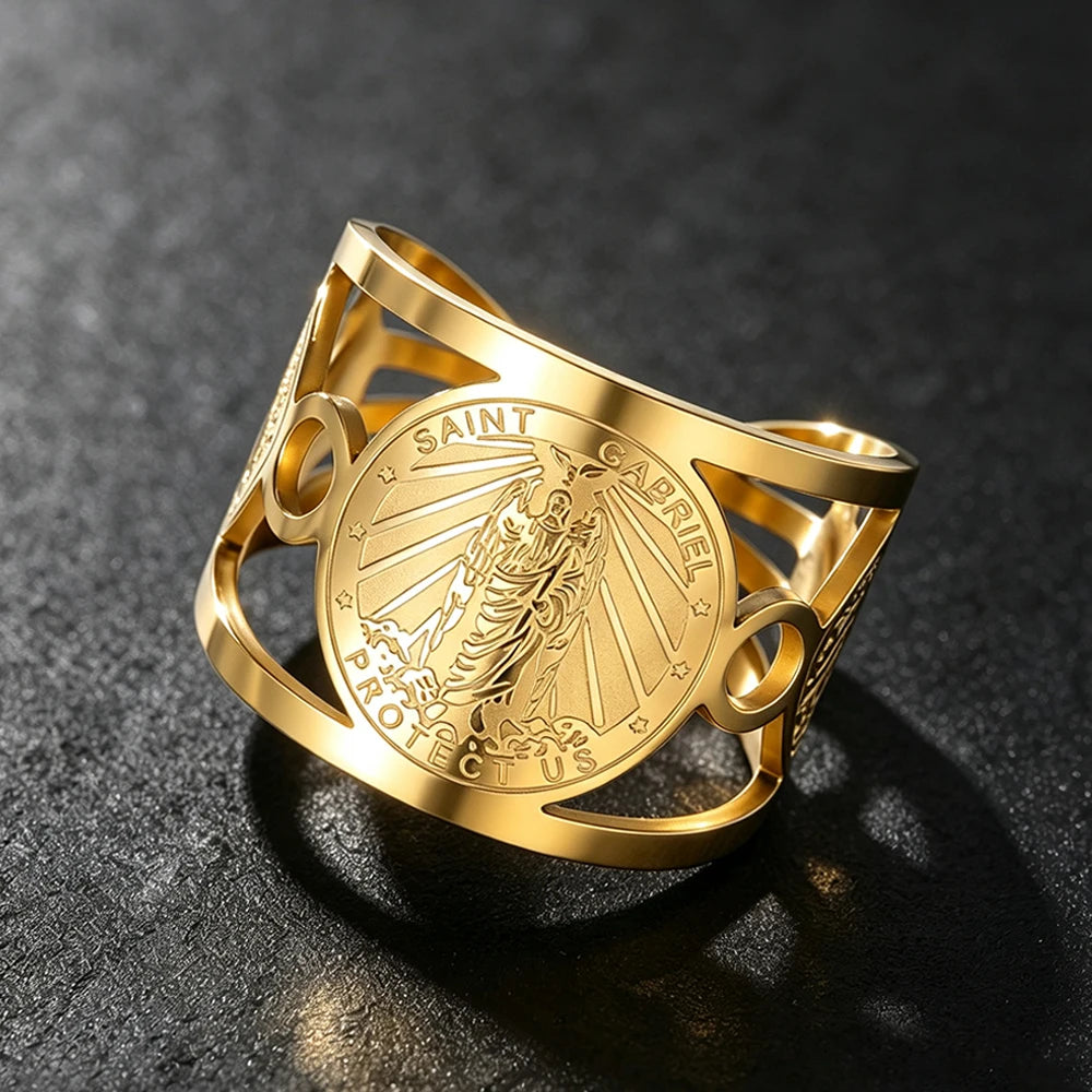 Archangel Saint Michael Gabriel Raphael Ring Adjustable Open Stainless Steel Protection Amulet Finger Rings Blessing