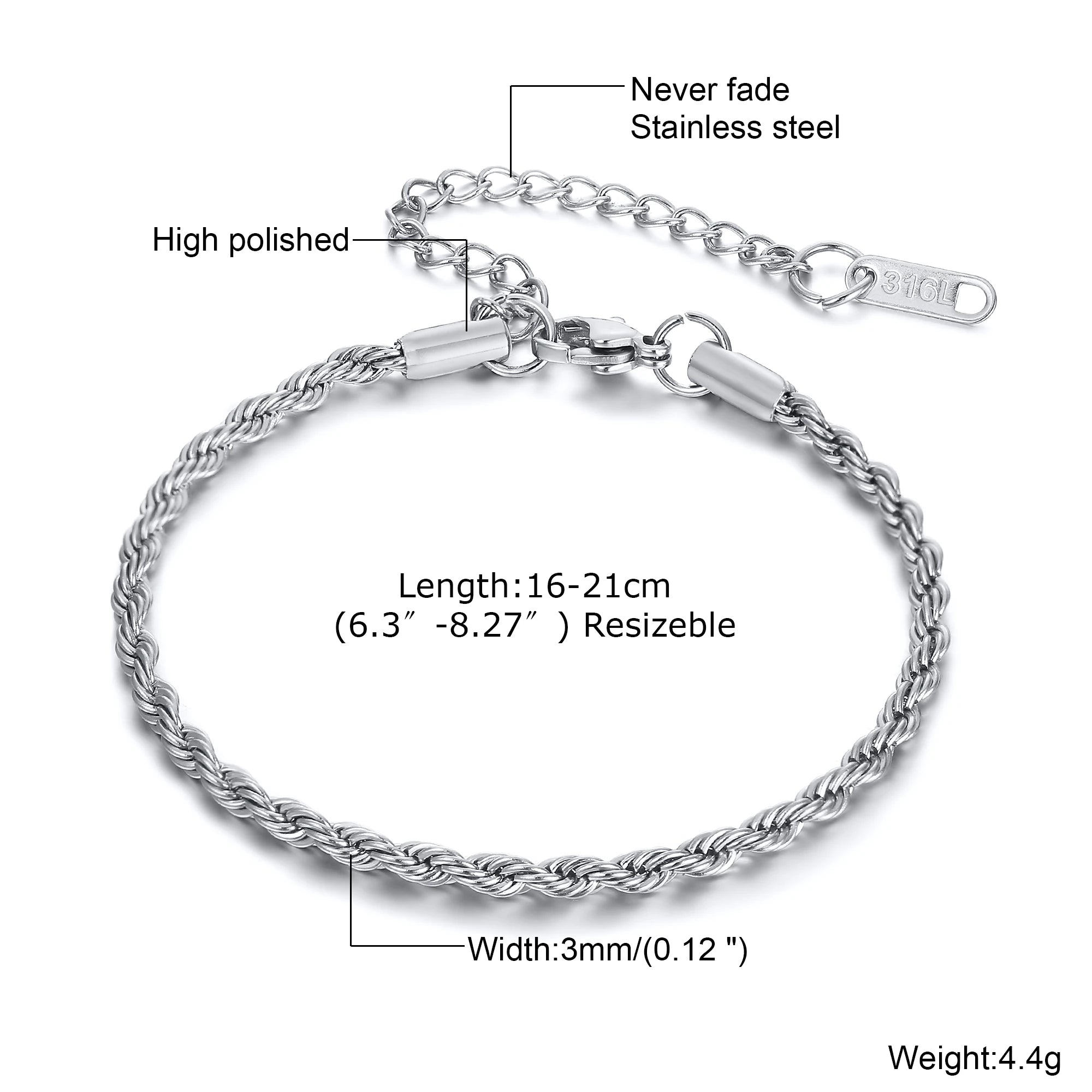 Gold Rope Chain Bracelet 5mm — Stainless Steel