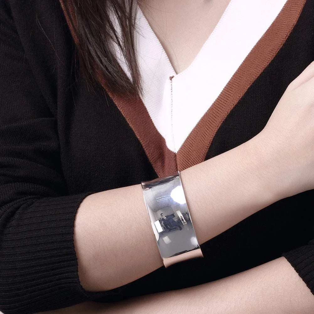 Wide Smooth Cuff Bangle Bracelet for Women — Silver-Tone