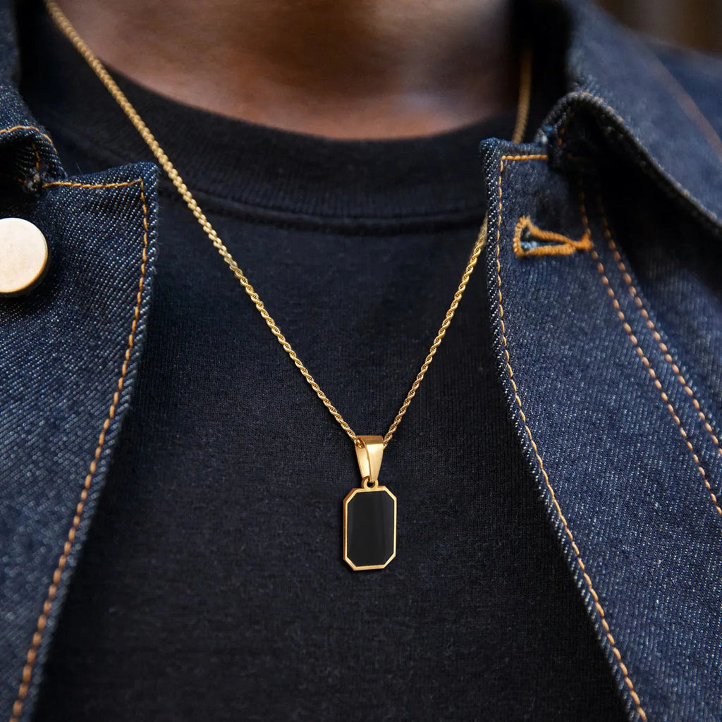 Black Enamel Rectangle Rope Chain Pendant