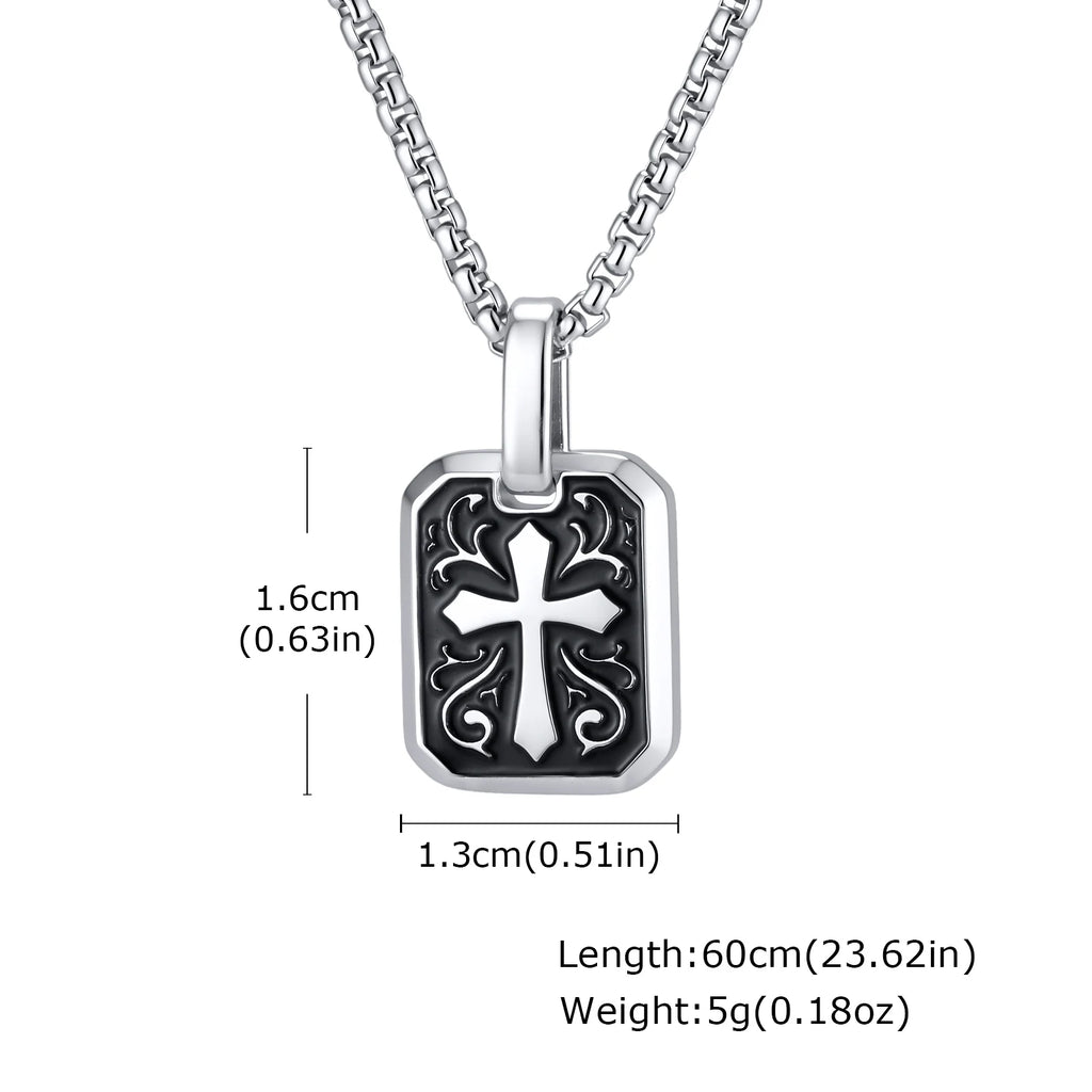 Black Enamel Cross Dog Tag Necklace — Stainless Steel
