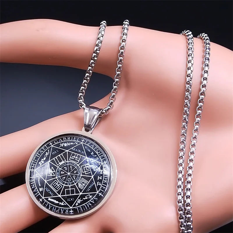 Seal of Seven Archangels Medal Stainless Steel Glass Necklace Seal of Solomon Talisman Necklace Protection Jewelry