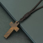 Retro Wooden Cross Pendant Necklace 24" Rope Cord