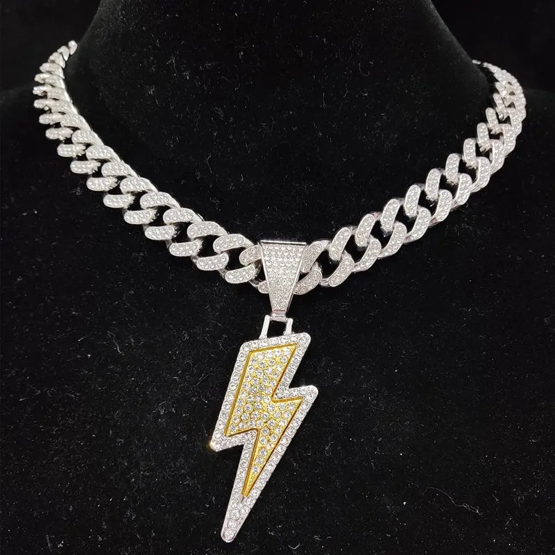 Men Women Hip Hop Lightning Pendant Necklace with 13mm Crystal Cuban Chain HipHop Iced Out Bling Necklaces Fashion Charm Jewelry