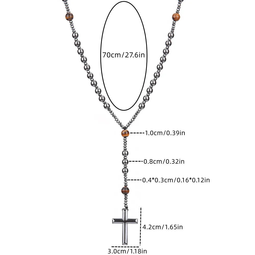 Black Hematite Round Beads Yellow Tiger-eye Stone Cross Pendant Necklace for Men and Women