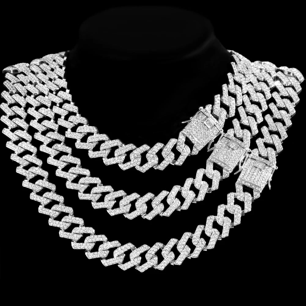 Hip Hop Men Iced Out Chain Prong Rhombus Cuban Link Necklace 14/20MM width Gold Silver Color Thick Cuban Chain Necklace